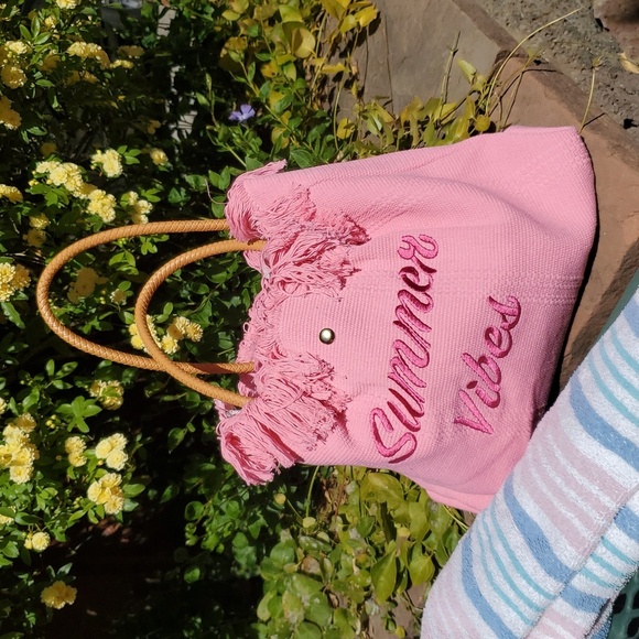 Pink Vacation Women's Large Capacity Letter & Tassel Canvas Tote Bag - Picture 1 of 8